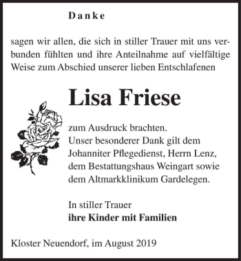 Traueranzeige von Lisa Friese  von Magdeburger Volksstimme