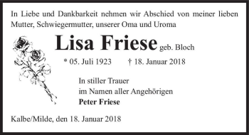 Traueranzeige von Lisa Friese (geb. Bloch)  von Magdeburger Volksstimme