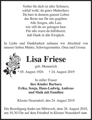 Traueranzeige von Lisa Friese (geb. Mennerich)  von Magdeburger Volksstimme