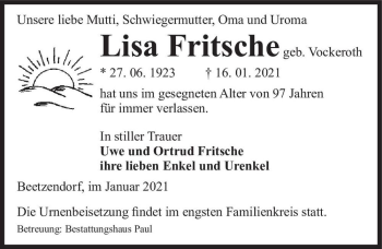 Traueranzeige von Lisa Fritsche (geb. Vockeroth)  von Magdeburger Volksstimme