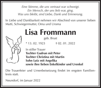 Traueranzeige von Lisa Frommann (geb. Brust)  von Magdeburger Volksstimme