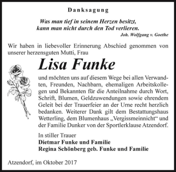 Traueranzeige von Lisa Funke  von Magdeburger Volksstimme