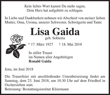 Traueranzeige von Lisa Gaida (geb. Sobierta)  von Magdeburger Volksstimme
