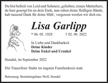 Traueranzeige von Lisa Garlipp  von Magdeburger Volksstimme