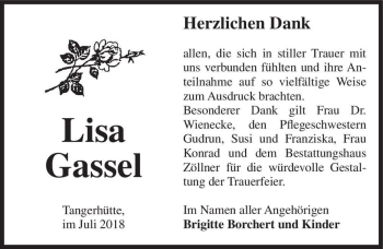 Traueranzeige von Lisa Gassel  von Magdeburger Volksstimme