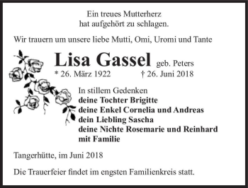 Traueranzeige von Lisa Gassel (geb. Peters)  von Magdeburger Volksstimme