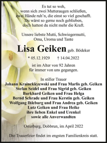 Traueranzeige von Lisa Geiken (geb. Bödeker)  von Magdeburger Volksstimme