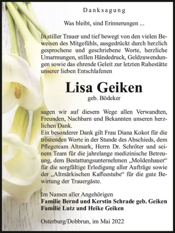 Traueranzeige von Lisa Geiken (geb. Bödeker)  von Magdeburger Volksstimme