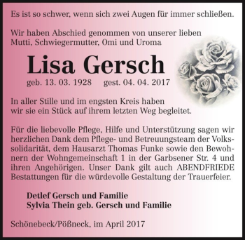 Traueranzeige von Lisa Gersch  von Magdeburger Volksstimme