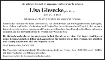 Traueranzeige von Lisa Gieseck (geb. Werner)  von Magdeburger Volksstimme