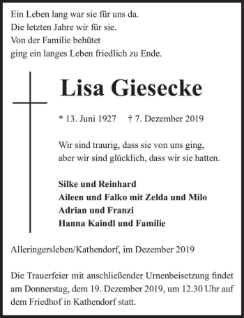 Traueranzeige von Lisa Giesecke  von Magdeburger Volksstimme