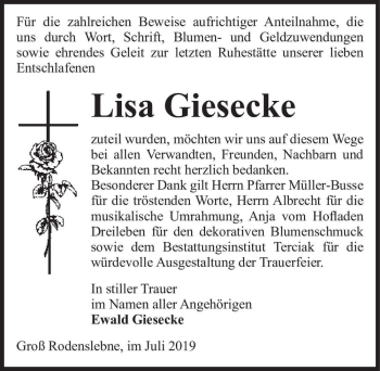Traueranzeige von Lisa Giesecke  von Magdeburger Volksstimme