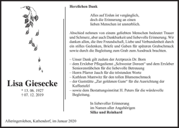 Traueranzeige von Lisa Giesecke  von Magdeburger Volksstimme