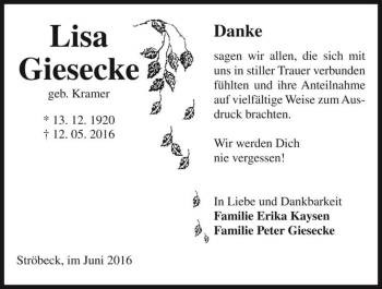 Traueranzeige von Lisa Giesecke (geb. Kramer)  von Magdeburger Volksstimme
