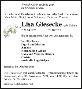 Traueranzeige von Lisa Giesecke (geb. Schulz)  von Magdeburger Volksstimme