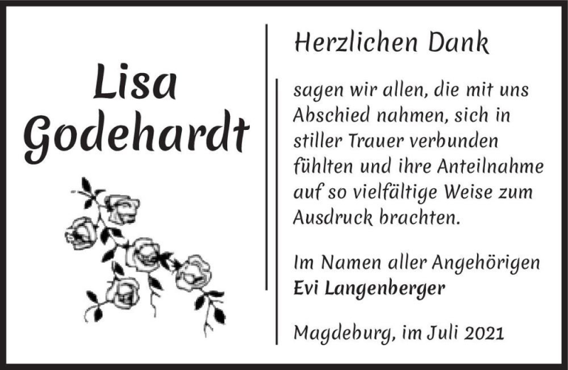  Traueranzeige für Lisa Godehardt  vom 17.07.2021 aus Magdeburger Volksstimme