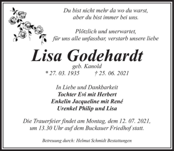 Traueranzeige von Lisa Godehardt (geb. Kanold)  von Magdeburger Volksstimme