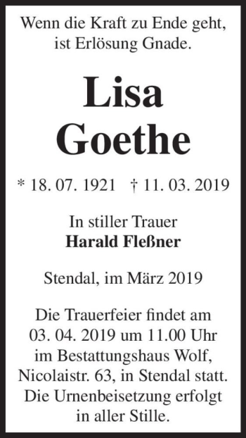 Traueranzeige von Lisa Goethe  von Magdeburger Volksstimme
