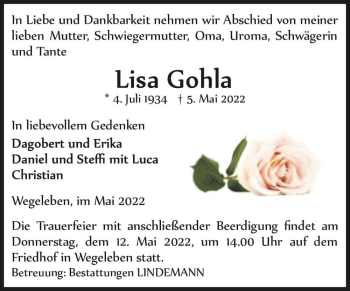 Traueranzeige von Lisa Gohla  von Magdeburger Volksstimme