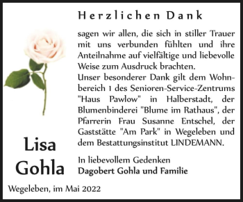 Traueranzeige von Lisa Gohla  von Magdeburger Volksstimme