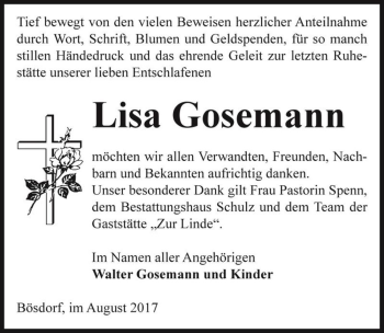 Traueranzeige von Lisa Gosemann  von Magdeburger Volksstimme