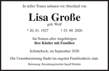 Traueranzeige von Lisa Große (geb. Wolf)  von Magdeburger Volksstimme