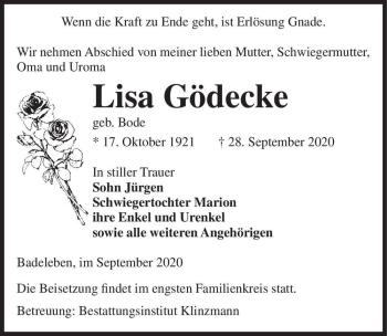 Traueranzeige von Lisa Gödecke (geb. Bode)  von Magdeburger Volksstimme
