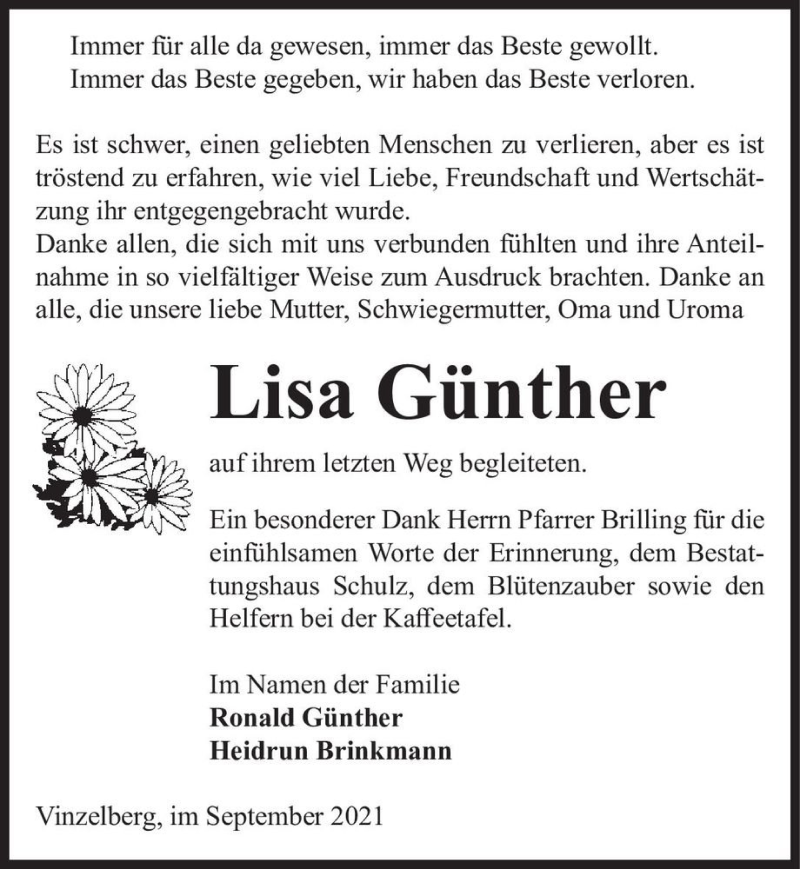  Traueranzeige für Lisa Günther  vom 04.09.2021 aus Magdeburger Volksstimme
