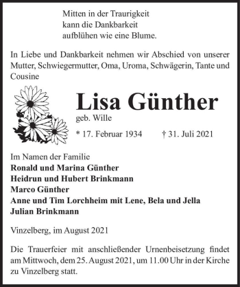 Traueranzeige von Lisa Günther (geb. Wille)  von Magdeburger Volksstimme