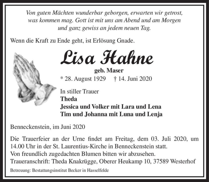  Traueranzeige für Lisa Hahne (geb. Maser)  vom 27.06.2020 aus Magdeburger Volksstimme