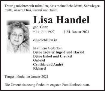 Traueranzeige von Lisa Handel (geb. Genz)  von Magdeburger Volksstimme
