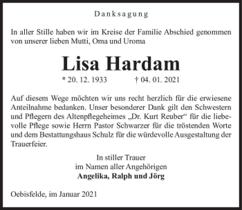 Traueranzeige von Lisa Hardam  von Magdeburger Volksstimme
