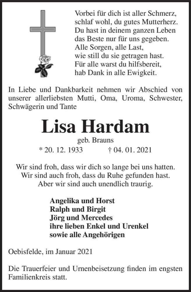  Traueranzeige für Lisa Hardam (geb. Brauns)  vom 07.01.2021 aus Magdeburger Volksstimme