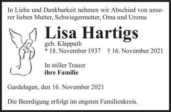 Traueranzeige von Lisa Hartigs (geb. Klapputh)  von Magdeburger Volksstimme