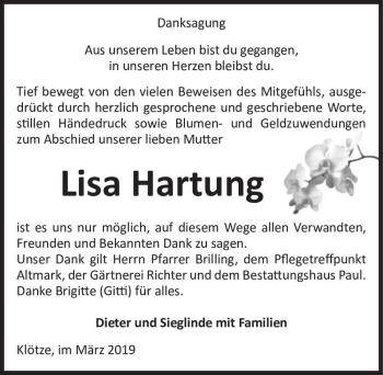 Traueranzeige von Lisa Hartung  von Magdeburger Volksstimme