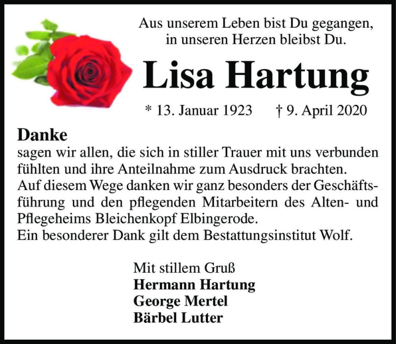  Traueranzeige für Lisa Hartung  vom 16.05.2020 aus Magdeburger Volksstimme