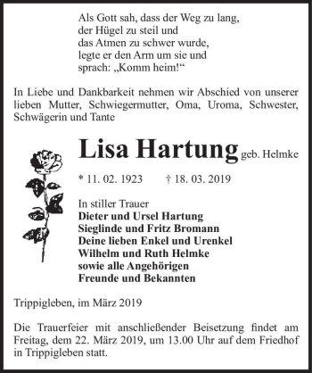 Traueranzeige von Lisa Hartung (geb. Helmke)  von Magdeburger Volksstimme