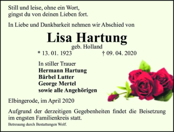 Traueranzeige von Lisa Hartung (geb. Holland)  von Magdeburger Volksstimme