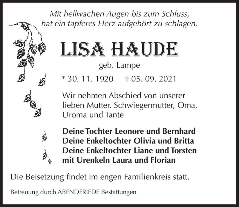  Traueranzeige für Lisa Haude (geb. Lampe)  vom 18.09.2021 aus Magdeburger Volksstimme
