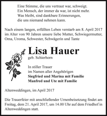 Traueranzeige von Lisa Hauer (geb. Schierhorn)  von Magdeburger Volksstimme