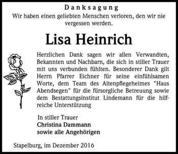 Traueranzeige von Lisa Heinrich  von Magdeburger Volksstimme