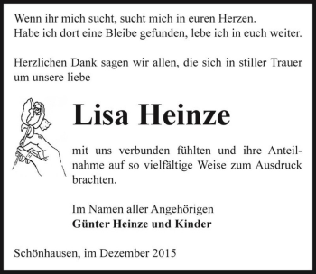 Traueranzeige von Lisa Heinze  von Magdeburger Volksstimme