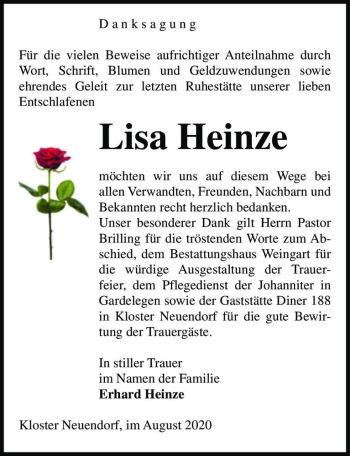 Traueranzeige von Lisa Heinze  von Magdeburger Volksstimme