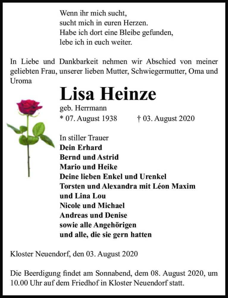  Traueranzeige für Lisa Heinze (geb. Herrmann)  vom 05.08.2020 aus Magdeburger Volksstimme