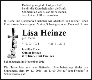 Traueranzeige von Lisa Heinze (geb. Piethe)  von Magdeburger Volksstimme