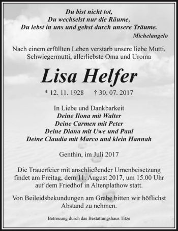 Traueranzeige von Lisa Helfer  von Magdeburger Volksstimme