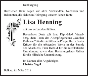 Traueranzeige von Lisa Henning  von Magdeburger Volksstimme