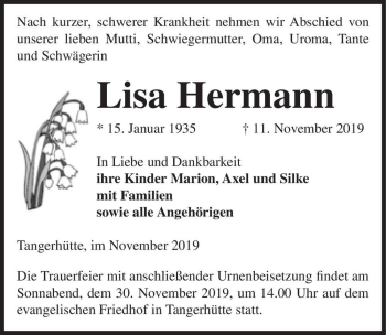 Traueranzeige von Lisa Hermann  von Magdeburger Volksstimme