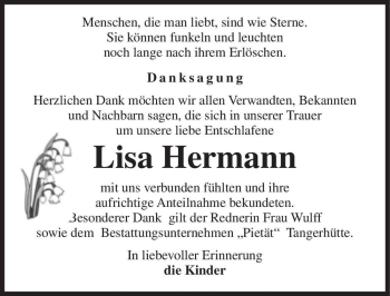 Traueranzeige von Lisa Hermann  von Magdeburger Volksstimme