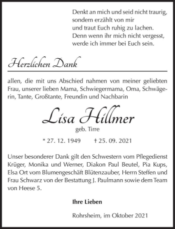 Traueranzeige von Lisa Hillmer (geb. Tirre)  von Magdeburger Volksstimme